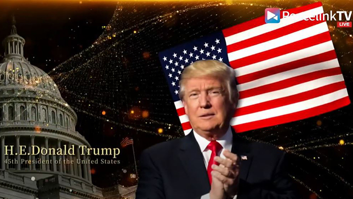 A screen shot of a video shows Donald Trump under the 'PeaceTV logo'