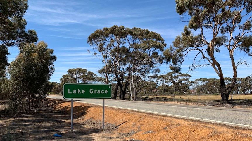 A green sign saying Lake Grace next to a road under a blue sky.