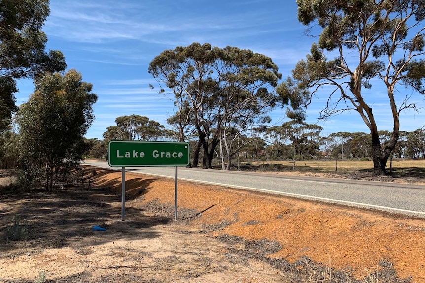 A green sign saying Lake Grace next to a road under a blue sky.