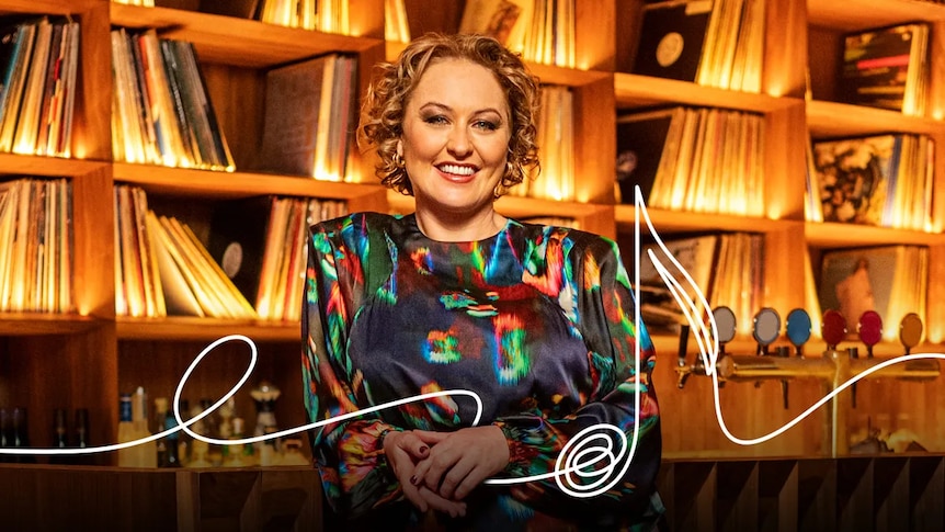 A portrait of Zan Rowe wearing a rainbow top in front of shelves full of records, a music note is drawn over the image