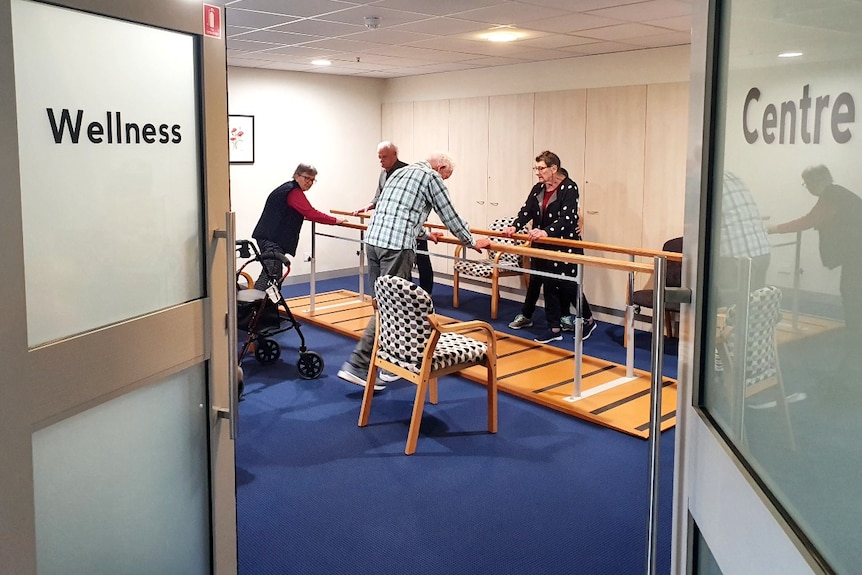 Elderly people hold on to parallel bars in a room 