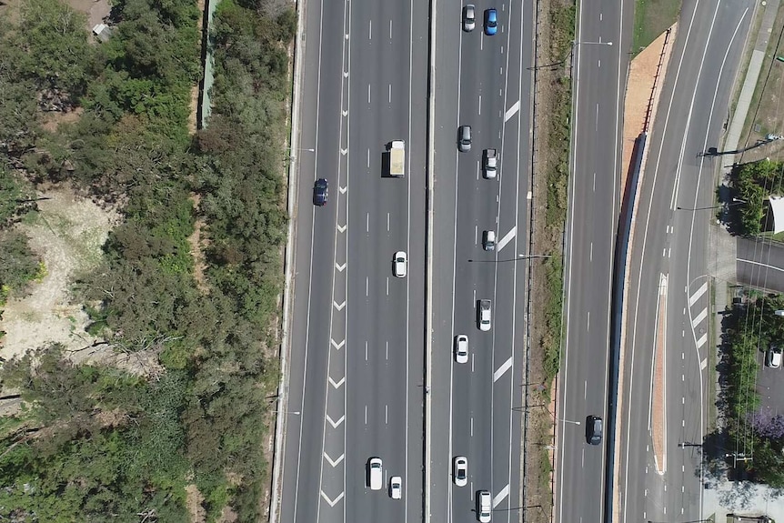An aerial shot of traffic on the Pacific Motorway on the Gold Coast