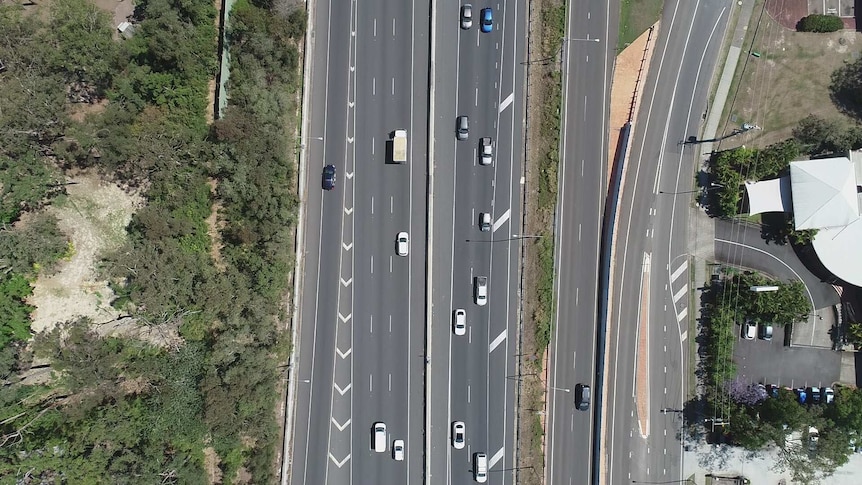 An aerial shot of traffic on the Pacific Motorway on the Gold Coast