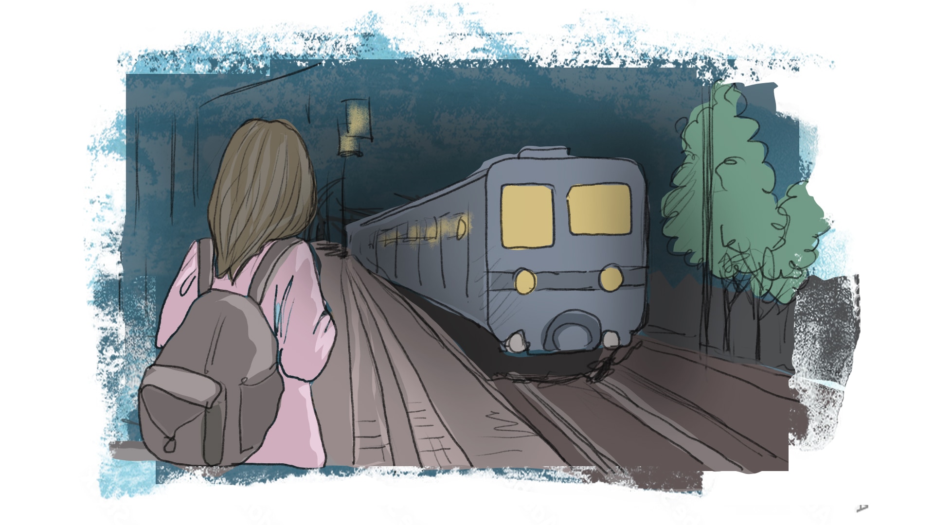 O desenho de uma jovem esperando em uma estação de trem à noite. 