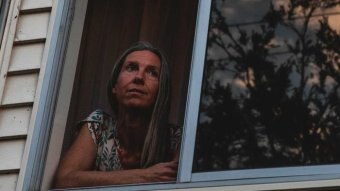 a woman with brown hair gazes out of a window