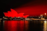 The Sydney Opera House bathed in red light at night. 