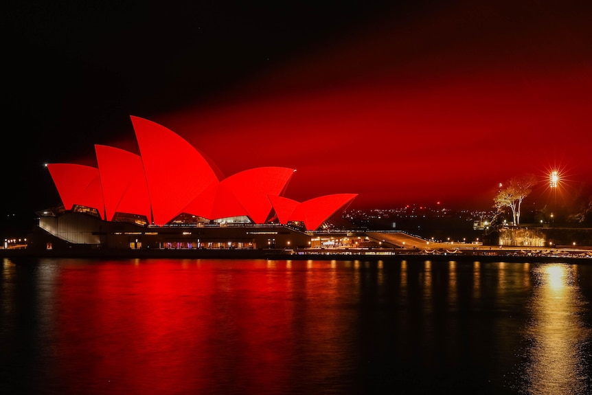 The Sydney Opera House bathed in red light at night. 