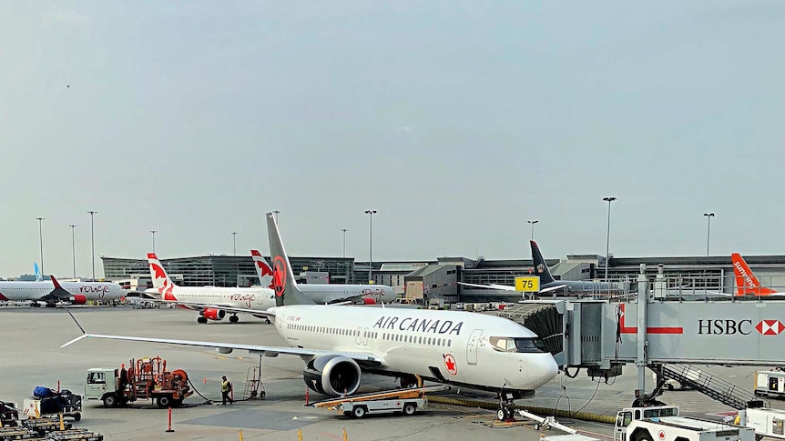 A Boeing 737 jet in Air Canada colours (black white and red) is parked and taking passengers at a busy airport with other jets.