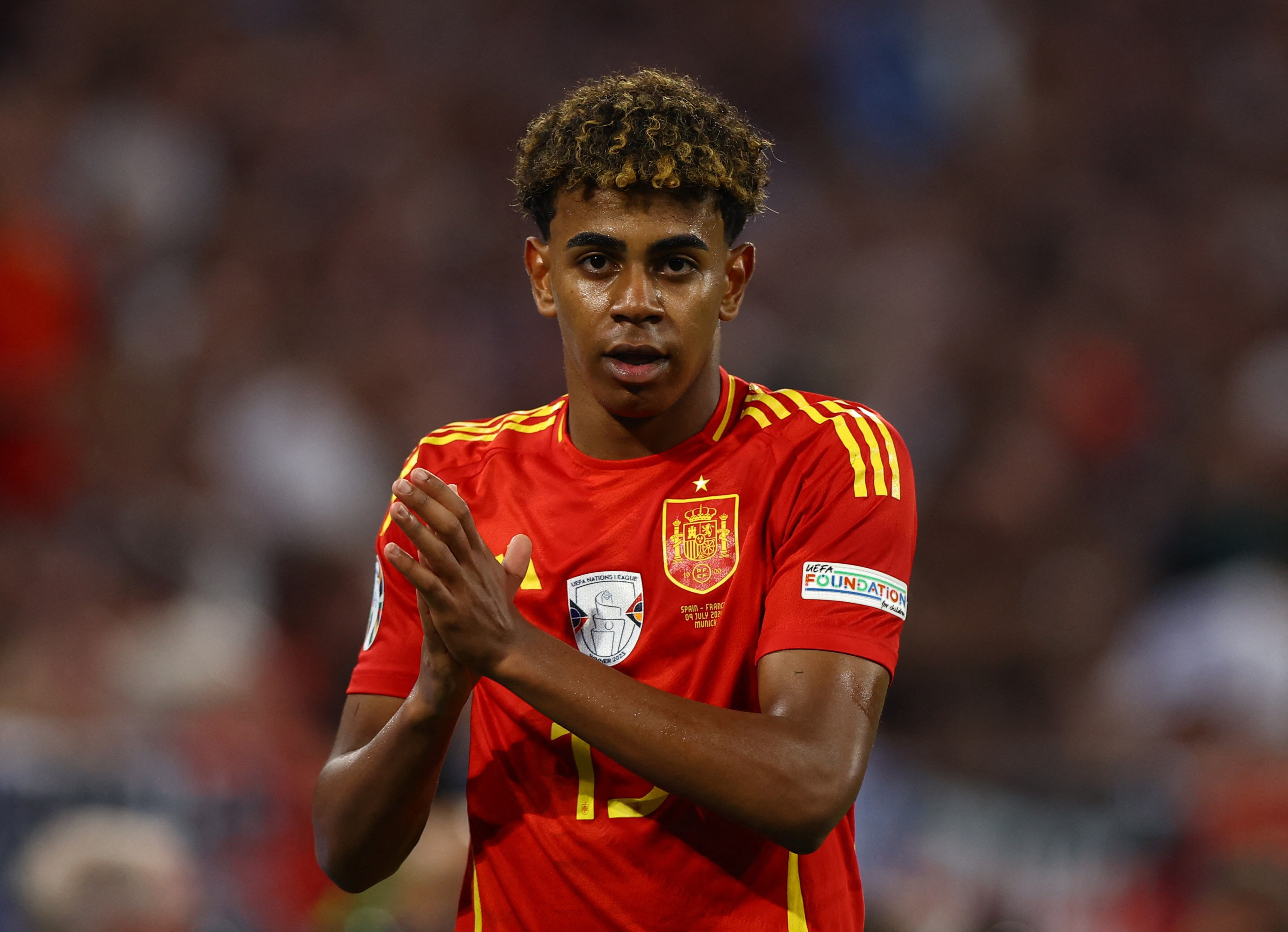 Lamine Yamal reacts to Spain's Euro 2024 victory over France