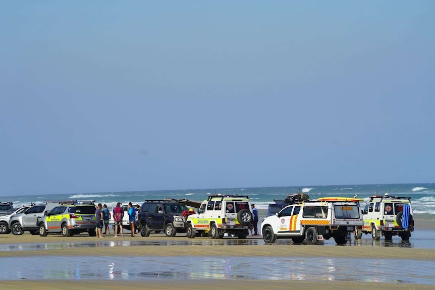 Cars and emergency services parked along a beach.