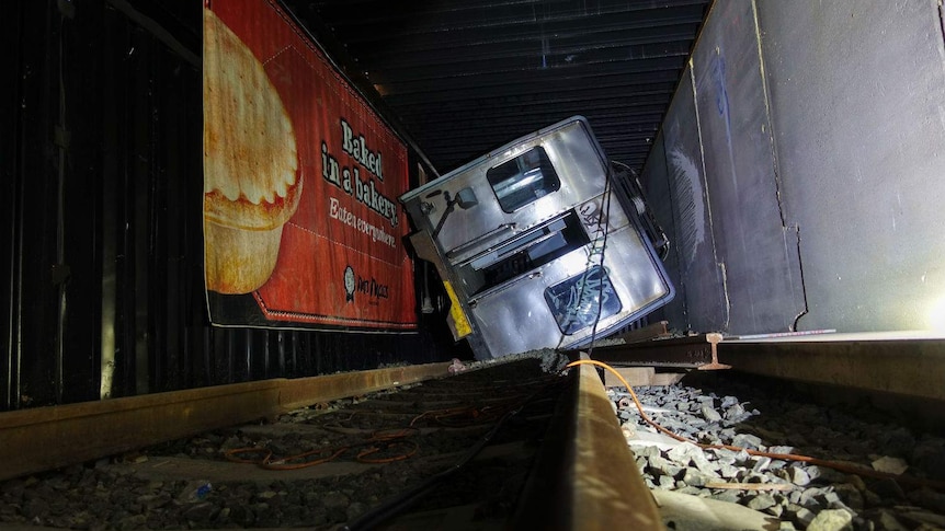 A derailed train.