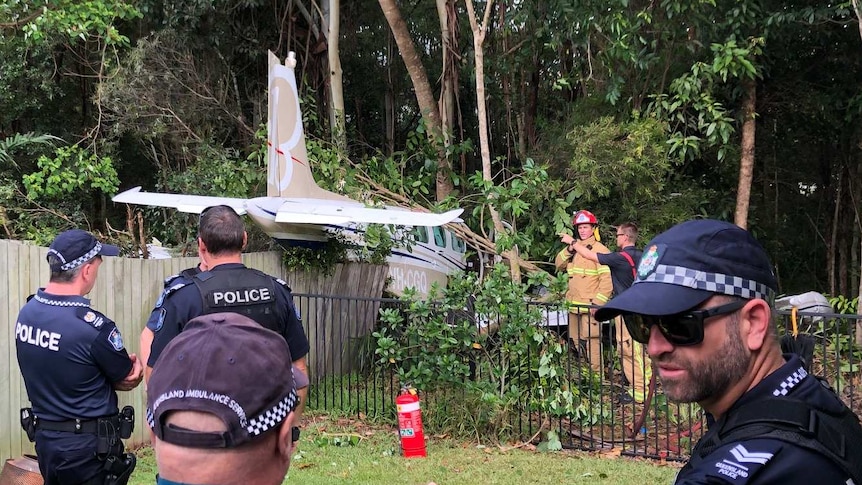 A light plane crashes into a fence and foliage in a backyard.