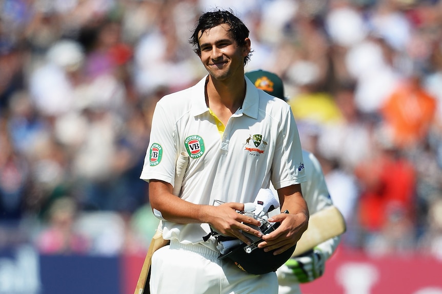 Australia batter Ashton Agar walks off the field after his first Test innings comes to an end against England.
