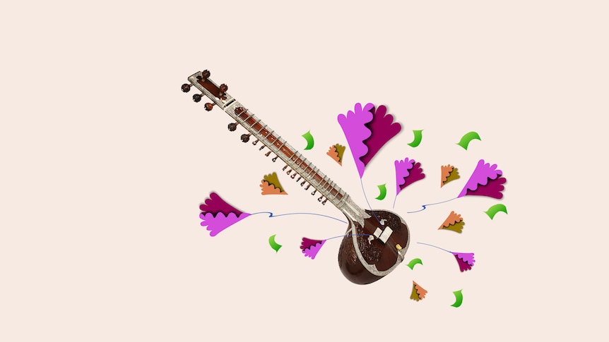 Wooden sitar on a beige background, with pink and orange shapes suggesting sound and movement. 