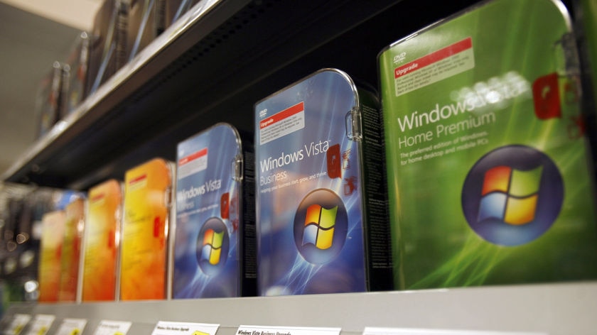 Microsoft Windows Vista software sit on display at a store