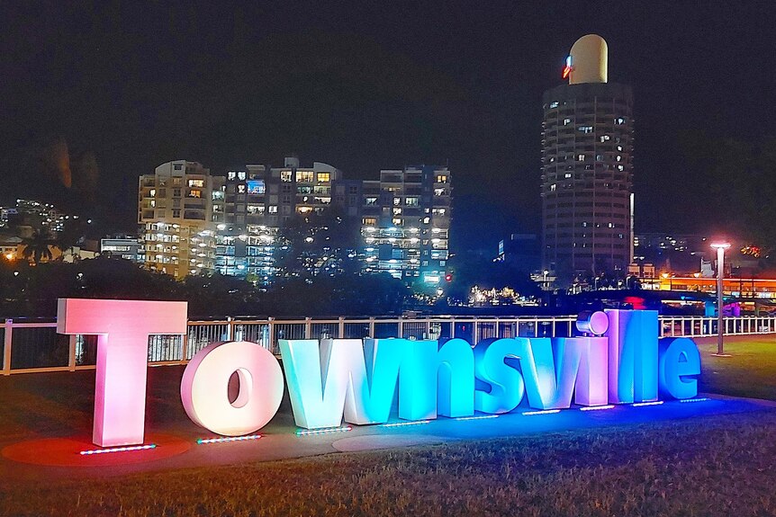 Giant letters spelling Townsville lit up at night