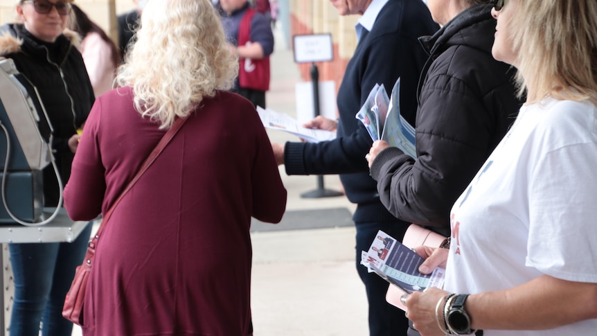 People hand out flyers at a polling booth.