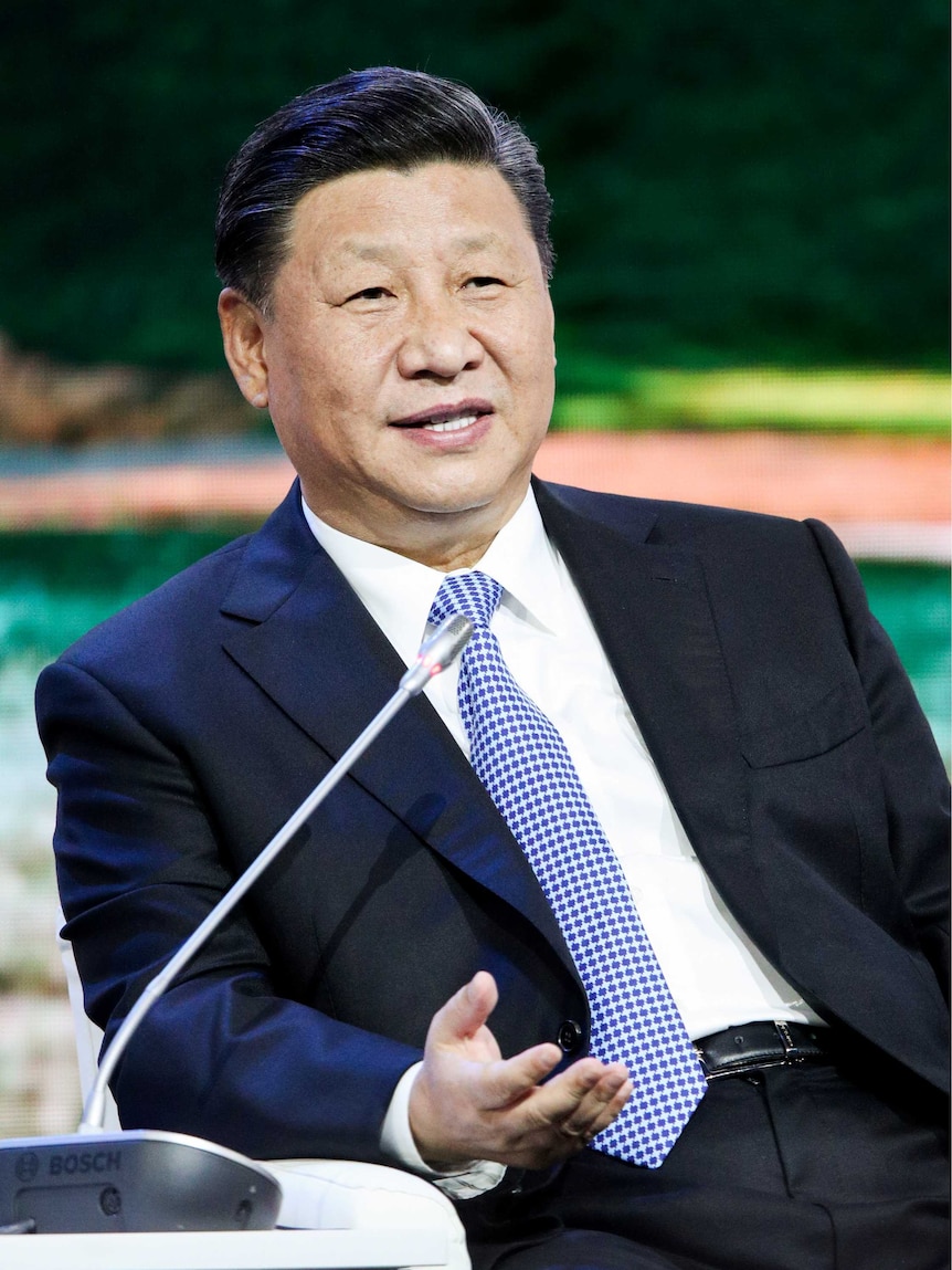 Chinese president Xi Jinping gestures while speaking into a desk microphone