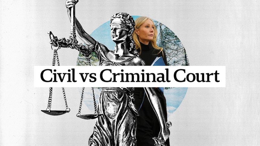 A statue of Lady Justice (blindfolded woman holding scales and sword representing the judicial systems) and Gwyneth Paltrow.