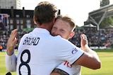 England captain Ben Stokes hugs bowler Stuart Broad after the fifth Ashes Test at The Oval.
