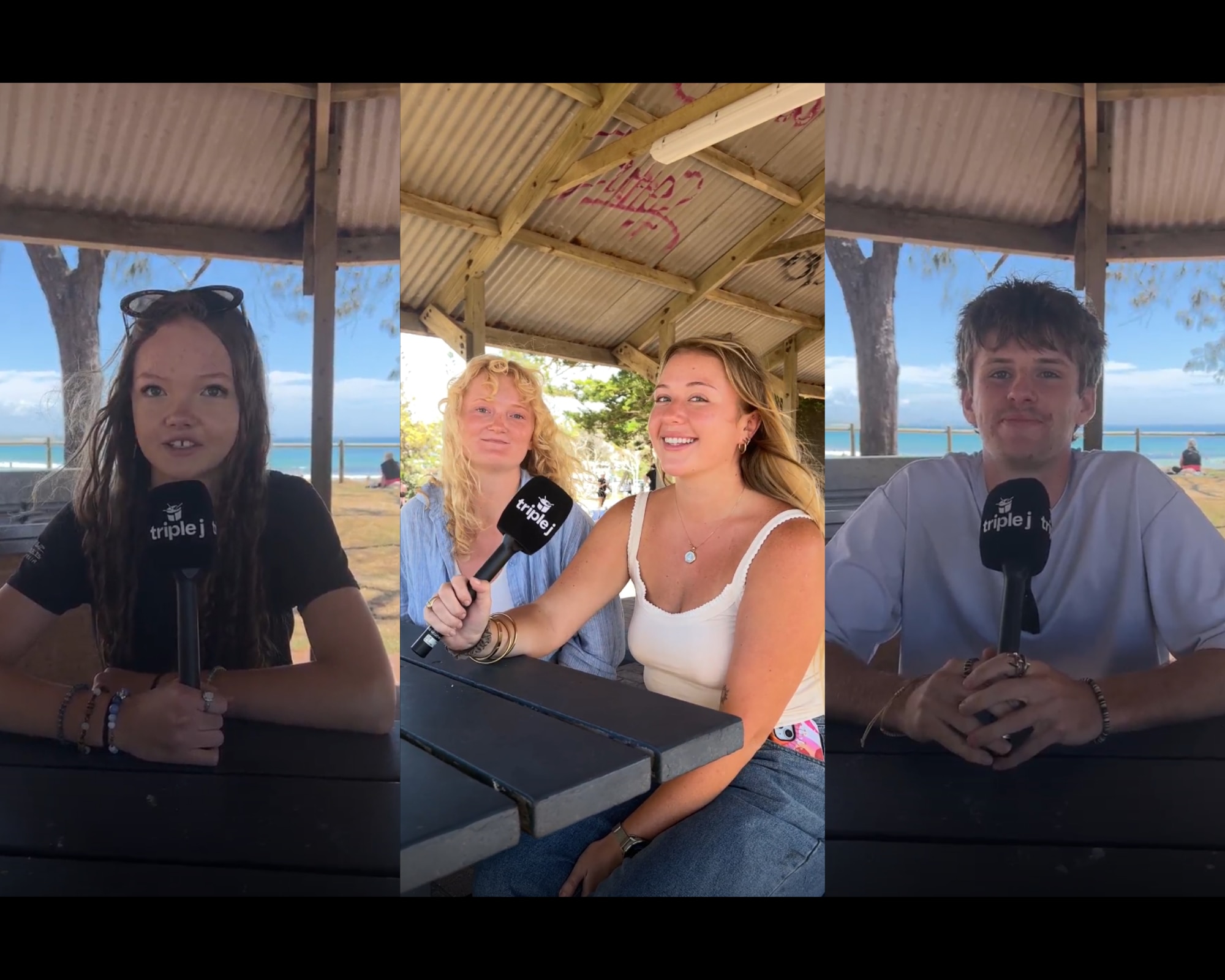 Una imagen compuesta de cuatro jóvenes sosteniendo el micrófono Triple J. 