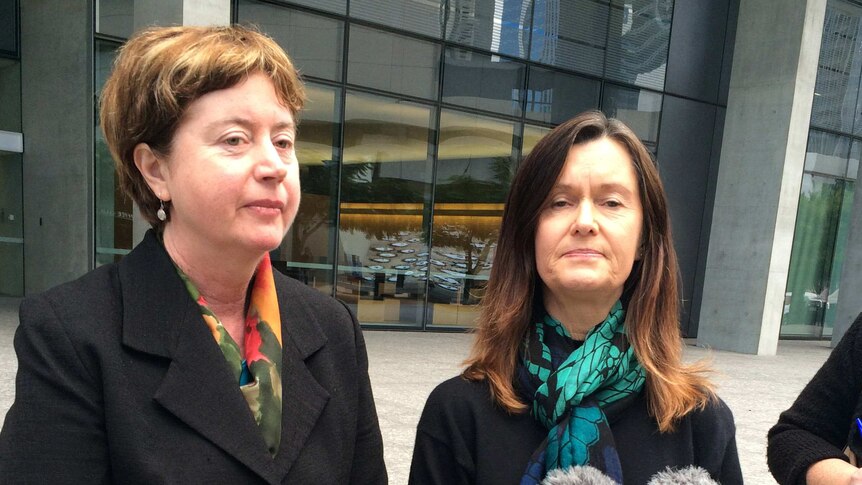 Jo-Ann Bragg from the EDO and Sandra Williams from the Whitsunday Residents Against Dumping group speak to media