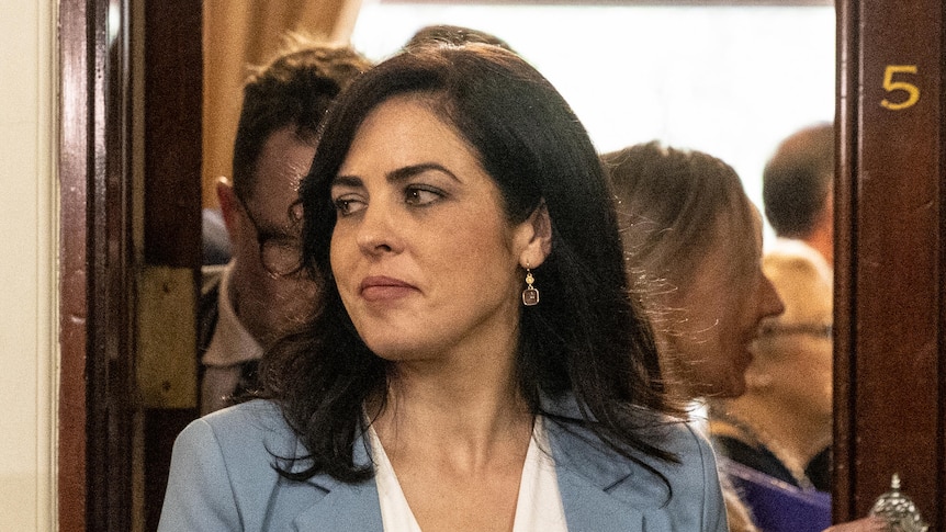 A woman leaving a meeting room in parliament