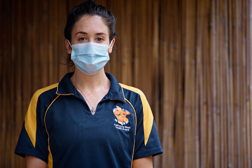 Katherine West Health Board staff member Sigrid McGuinness looking at the camera, wearing a surgical face mask.