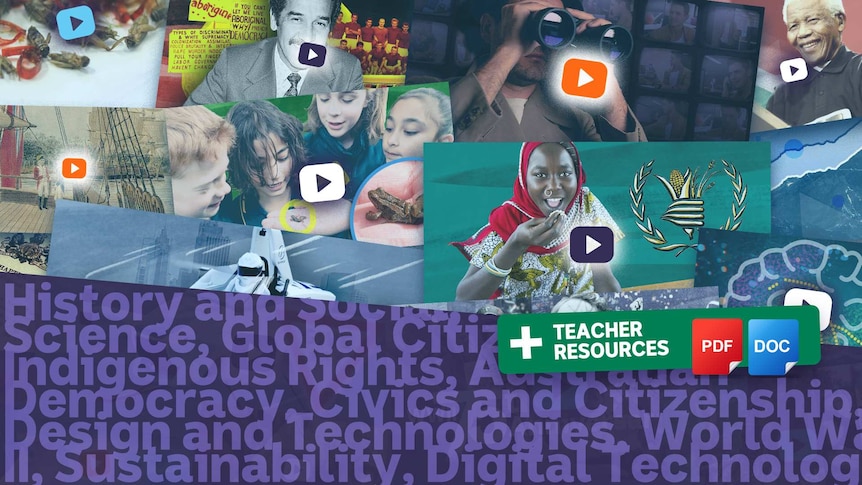A collection of video screens with play button icon on them. A 'Teacher Resources' panel with PDF and Word icons on it.