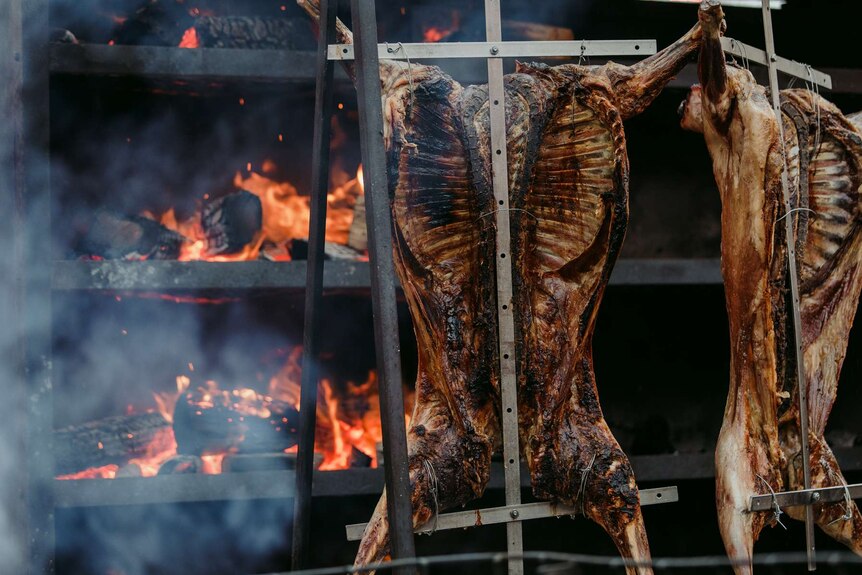 Picture of two whole cooked pigs hanging outdoors with fire in background.
