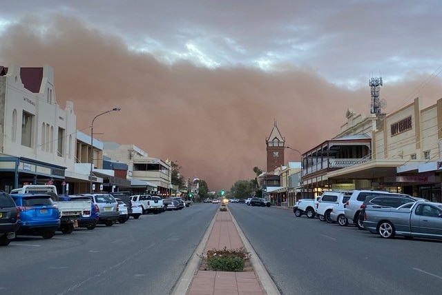 Clouds of orange dust billow toward the main street in Broken Hill