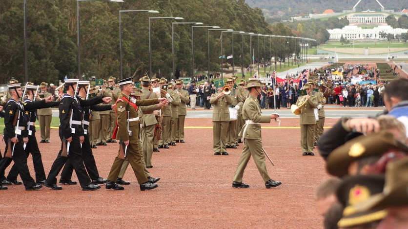 The Australian Defence Force Band starts the Anzac Day parade at the Australian War Memorial in Canberra (Damien Larkins)
