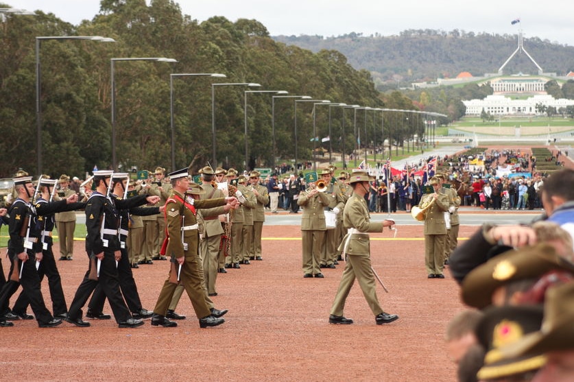 The Australian Defence Force Band starts the Anzac Day parade at the Australian War Memorial in Canberra (Damien Larkins)