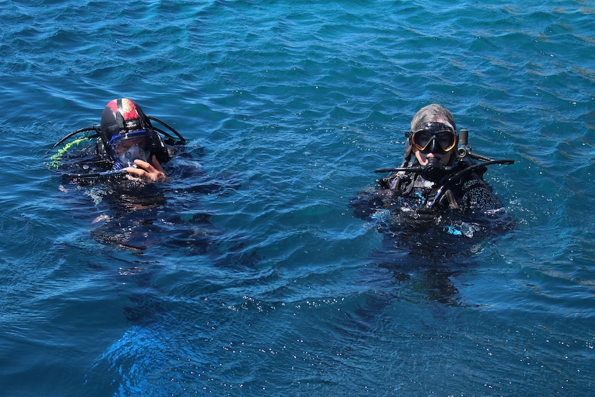 She is pictured in the water in scuba gear, bobbing on the surface with another diver