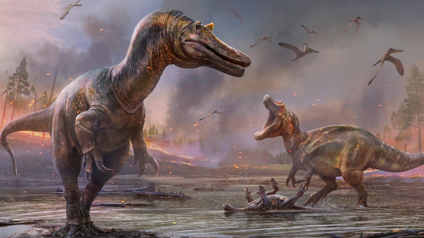 Two big brown and orange speckled dinosaurs in an apocalyptic rendition with fire approaching 