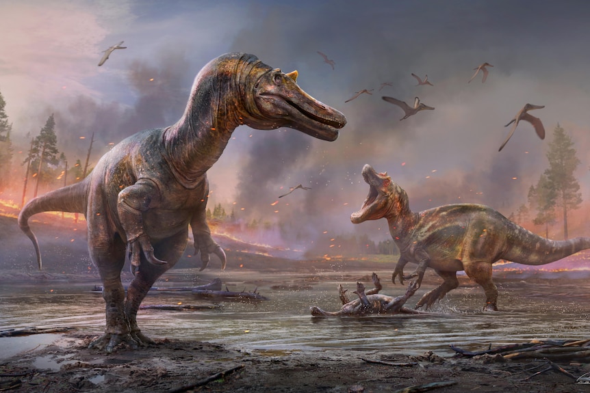 Two big brown and orange speckled dinosaurs in an apocalyptic rendition with fire approaching 