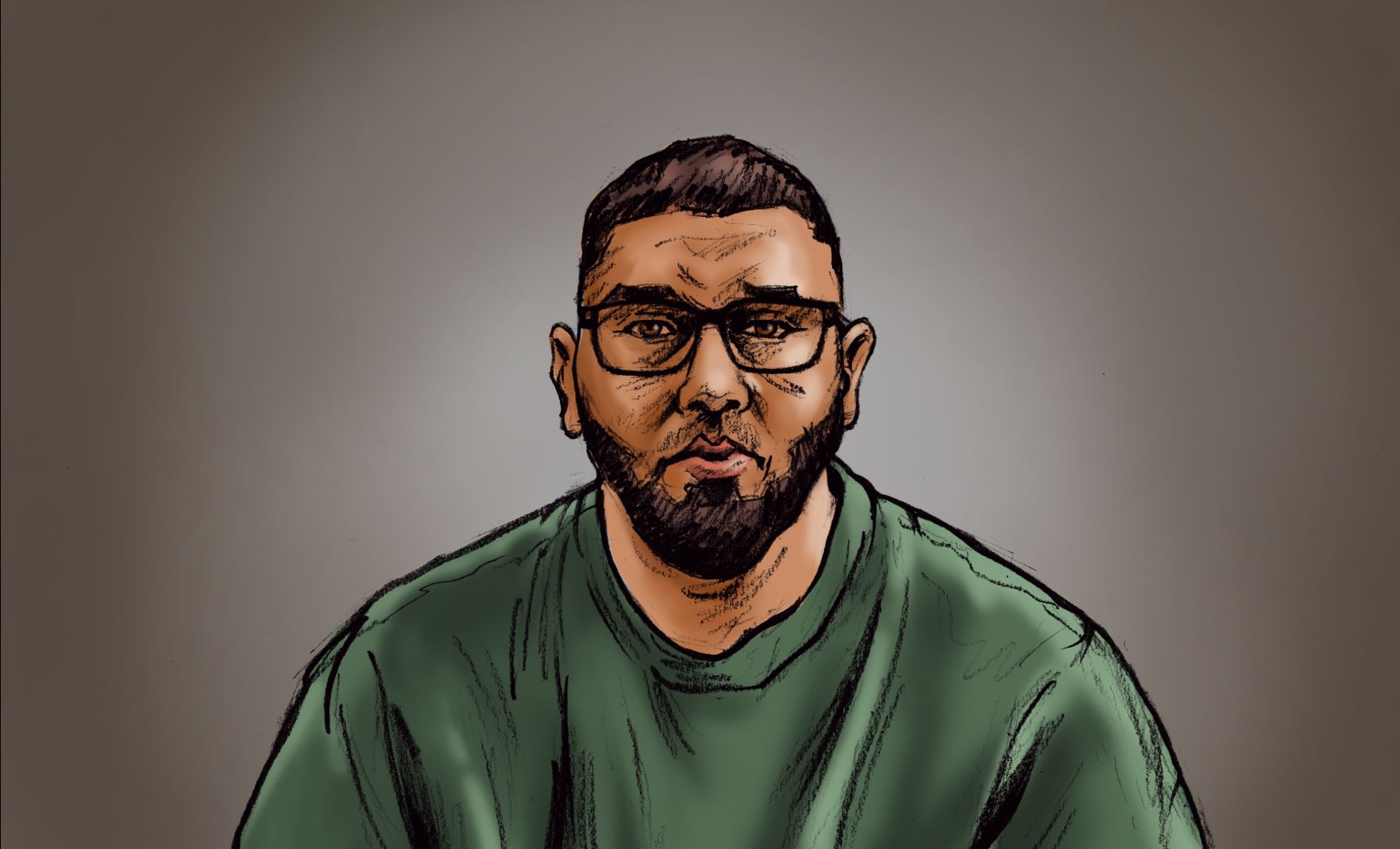 A cartoon of a man in a green T shirt with black reading glasses