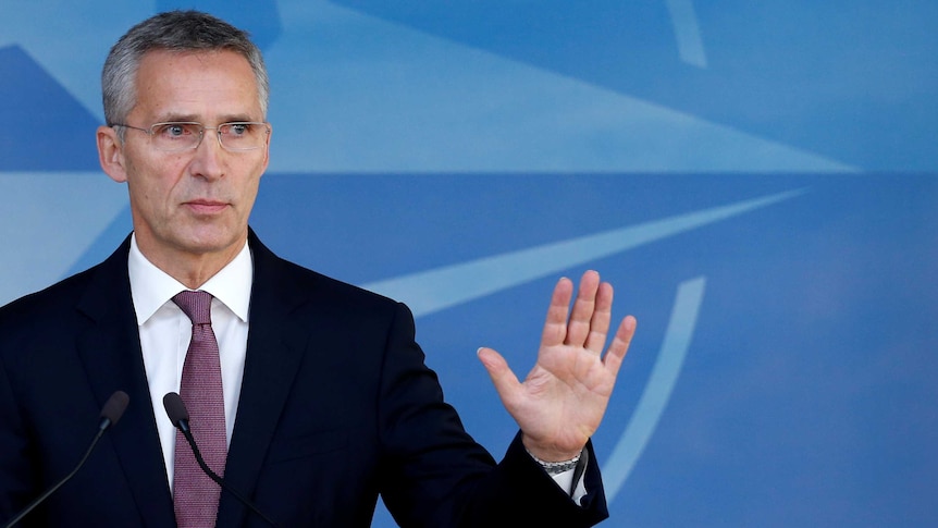 NATO secretary-general Jens Stoltenberg briefs the media.