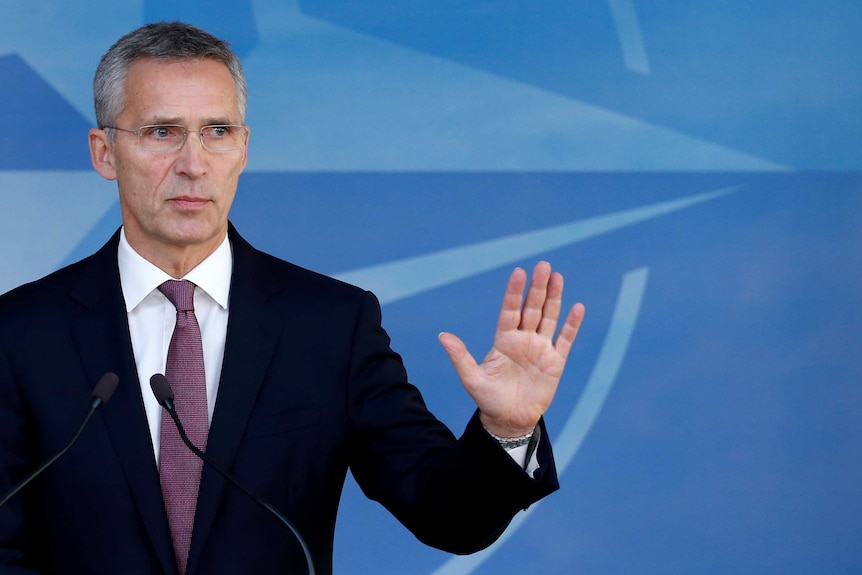 NATO secretary-general Jens Stoltenberg briefs the media.