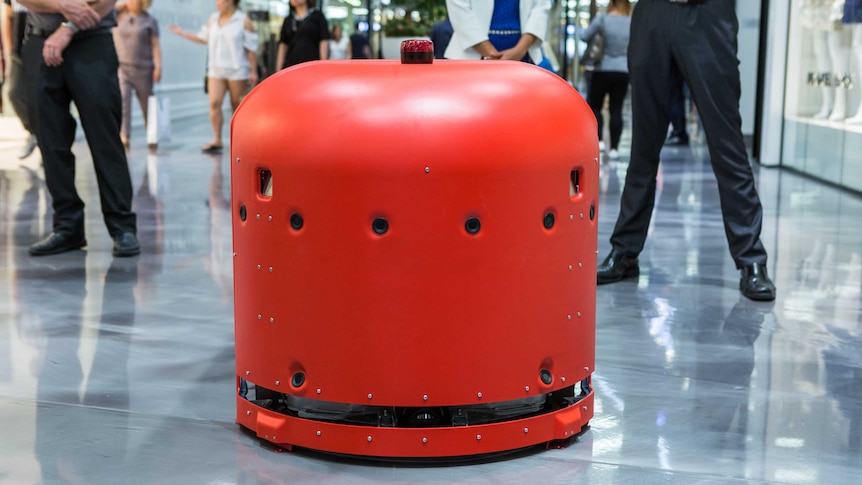 A red automatic cleaning robot.