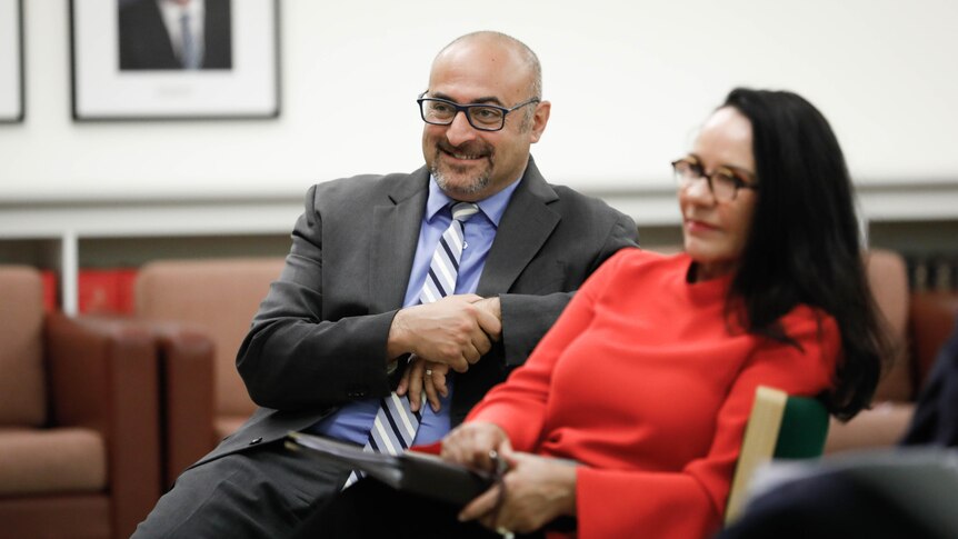 Peter Khalil and Linda Burney, who's out of focus, sit next to each other and look toward the left.