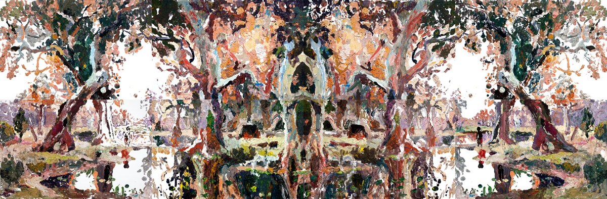 Colourful oil painting on canvas 2.3 metres tall and 7 metres wide. Image is Rorschach style that reveals a mirrored landscape.