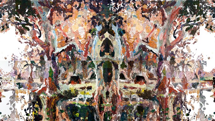Colourful oil painting on canvas 2.3 metres tall and 7 metres wide. Image is Rorschach style that reveals a mirrored landscape.