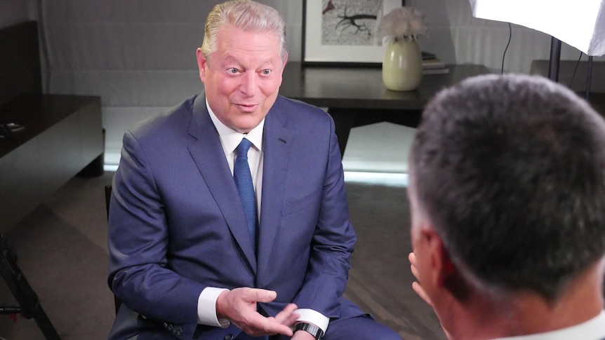 Climate change campaigner and former US Vice President, Al Gore, being interviewed by 7.30. 10 July 2017
