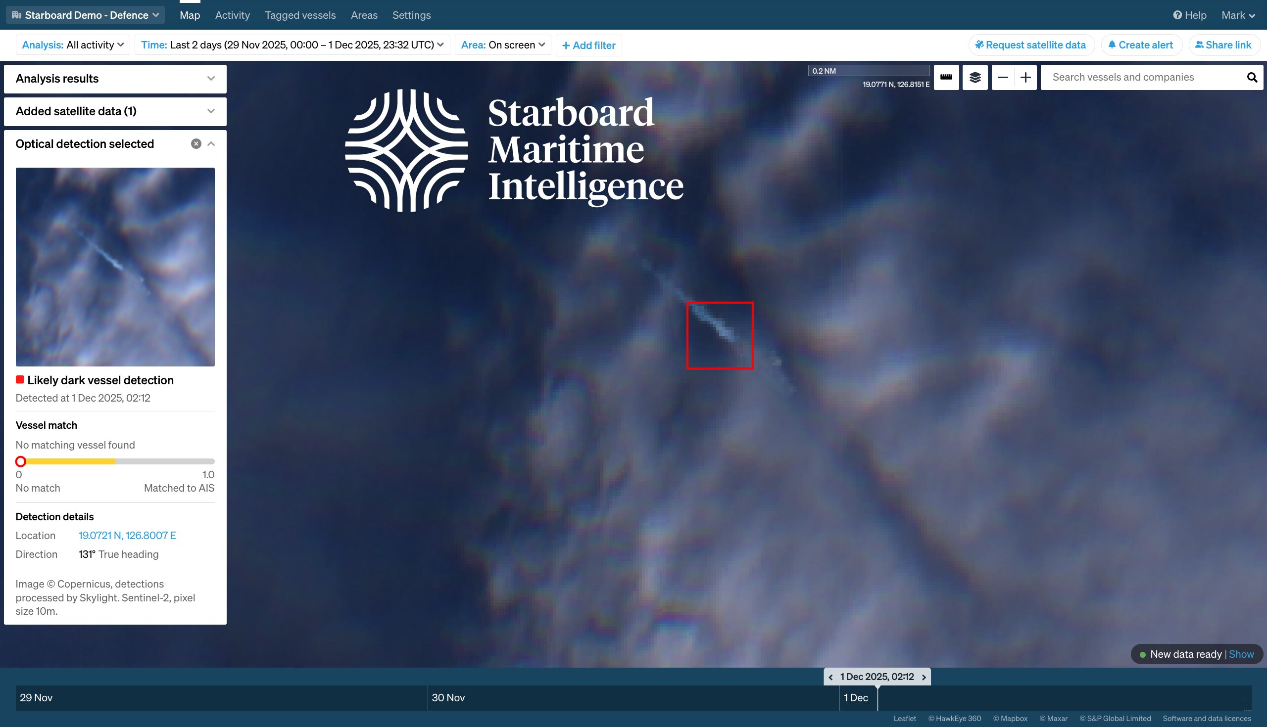 Screenshot of Starboard Maritime Intelligence webpage showing a satellite photo of the ocean with a helicopter landing deck