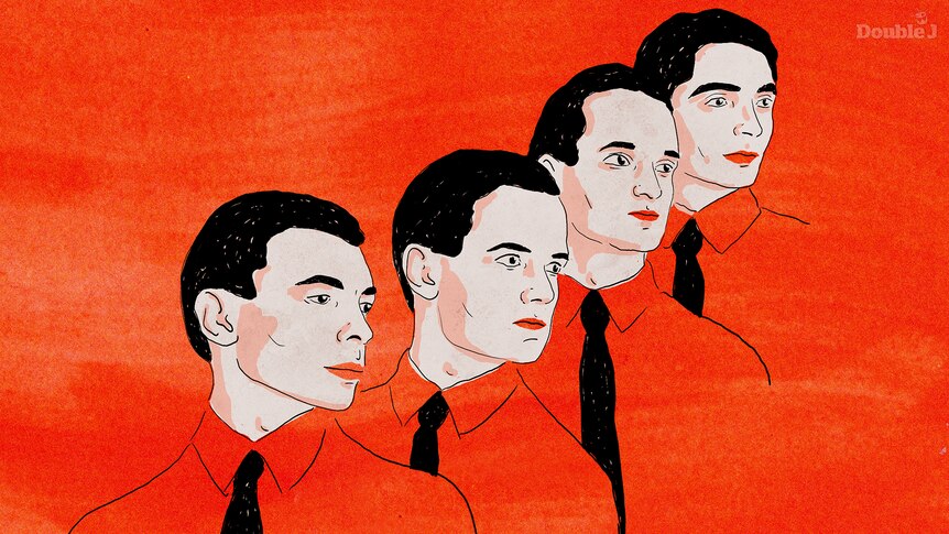 A drawing of four members of Kraftwerk wearing red shorts and black ties and standing in height order.