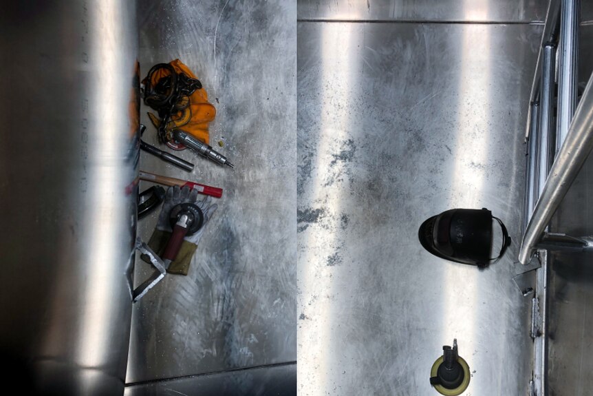 Composite image, inside a silver tanker with tools on left hand side and mask and grinder on right.