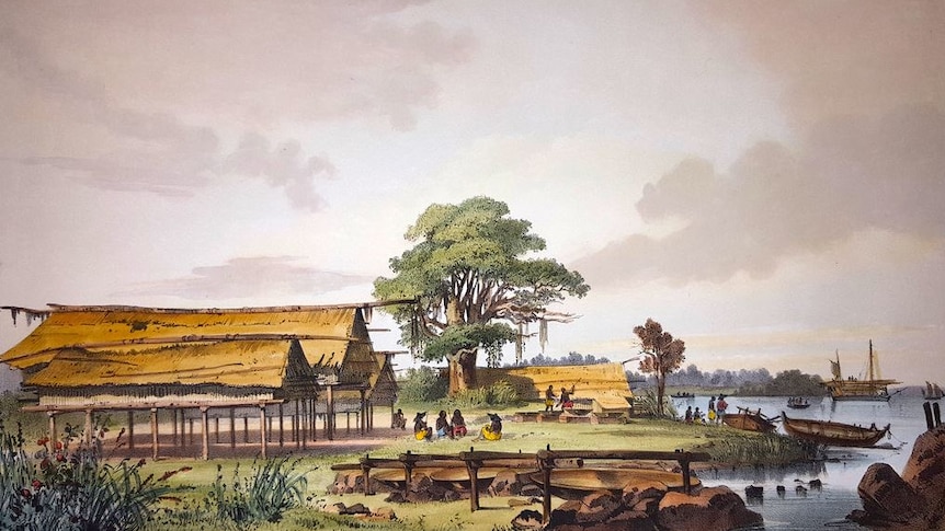 A lithograph showing wooden shelters and canoes on a grassy foreshore.