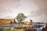 A lithograph showing wooden shelters and canoes on a grassy foreshore.