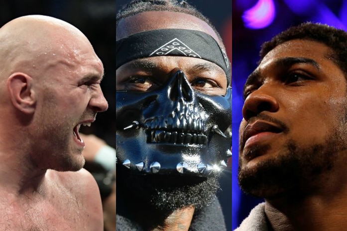 Three headshots of Tyson Fury, Deontay Wilder and Anthony Joshua.